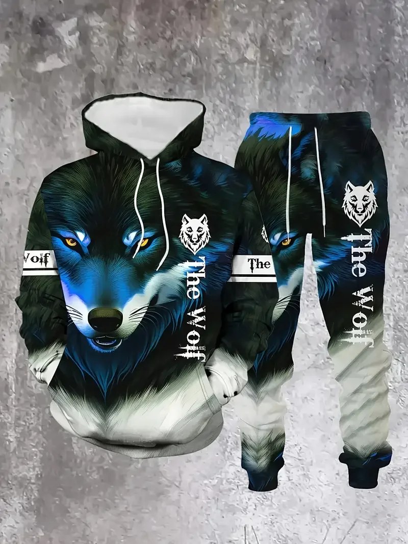 الرجال الخريف الشتاء هوديي مجموعة الرياضة الترفيه النمر الذئب طباعة سريعة الجافة تنفس مريحة تناسب هوديي كومبو #3