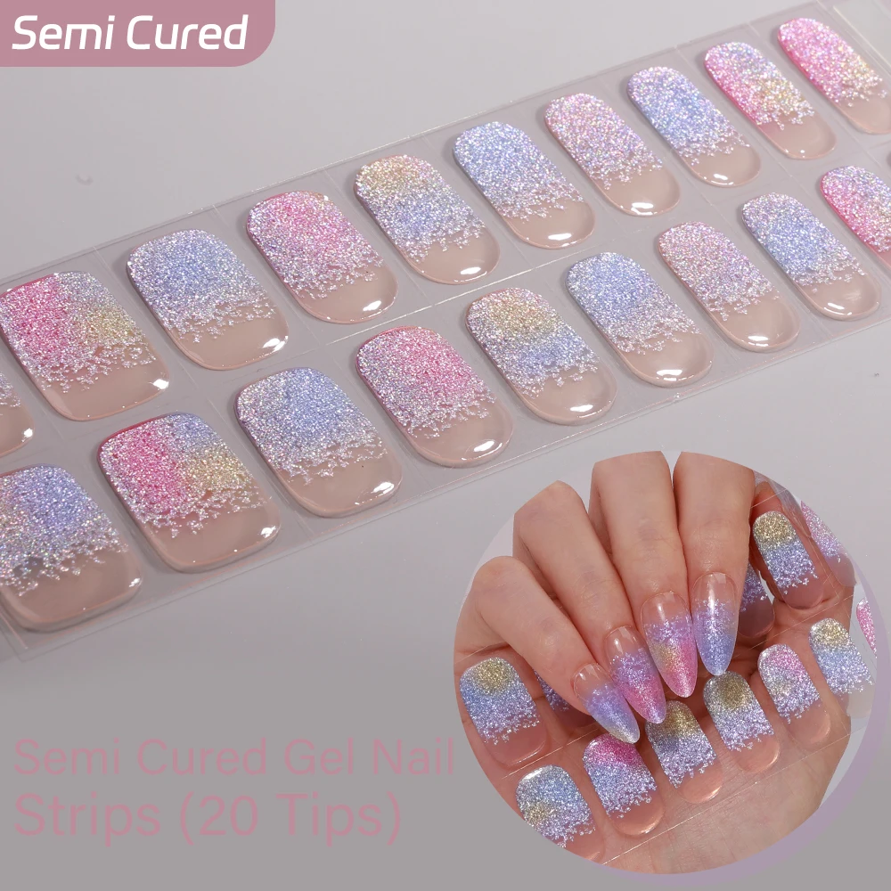 20Tips Sparkling Nail Stickers Semi-Cured Nail Strips Glitter Long-Lasting UV Gel Nail Foils Full Cover LED Extension Gel Nail