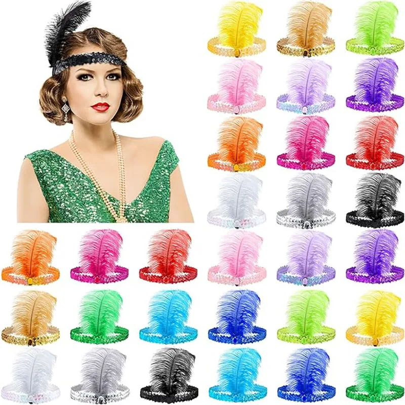 

1920s Flapper Headband Bulk Women Vintage Sequins Rhinestones Ostrich Feather Headband for 20s Theme Party Carnival Decors