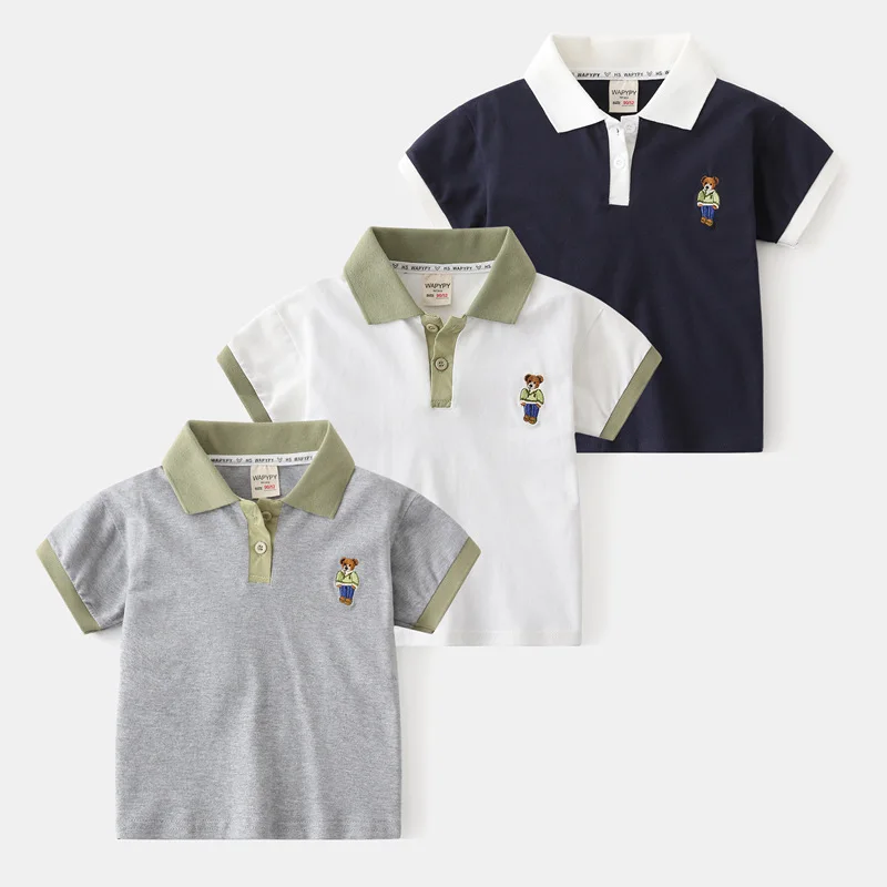 

2024 Summer Boys' Loose Short Sleeve Polo Shirt: Kids' Cotton T-shirt with Cartoon Embroidery, Color-Block , Ages 3-8, 3 Colors