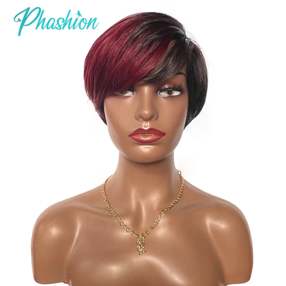 

Phashion Colored T1B/27/30/99J Pixie Cut Human Hair Wigs With Bangs Short Straight Wig Brazilian Remy Cheap Machine Made On Sale