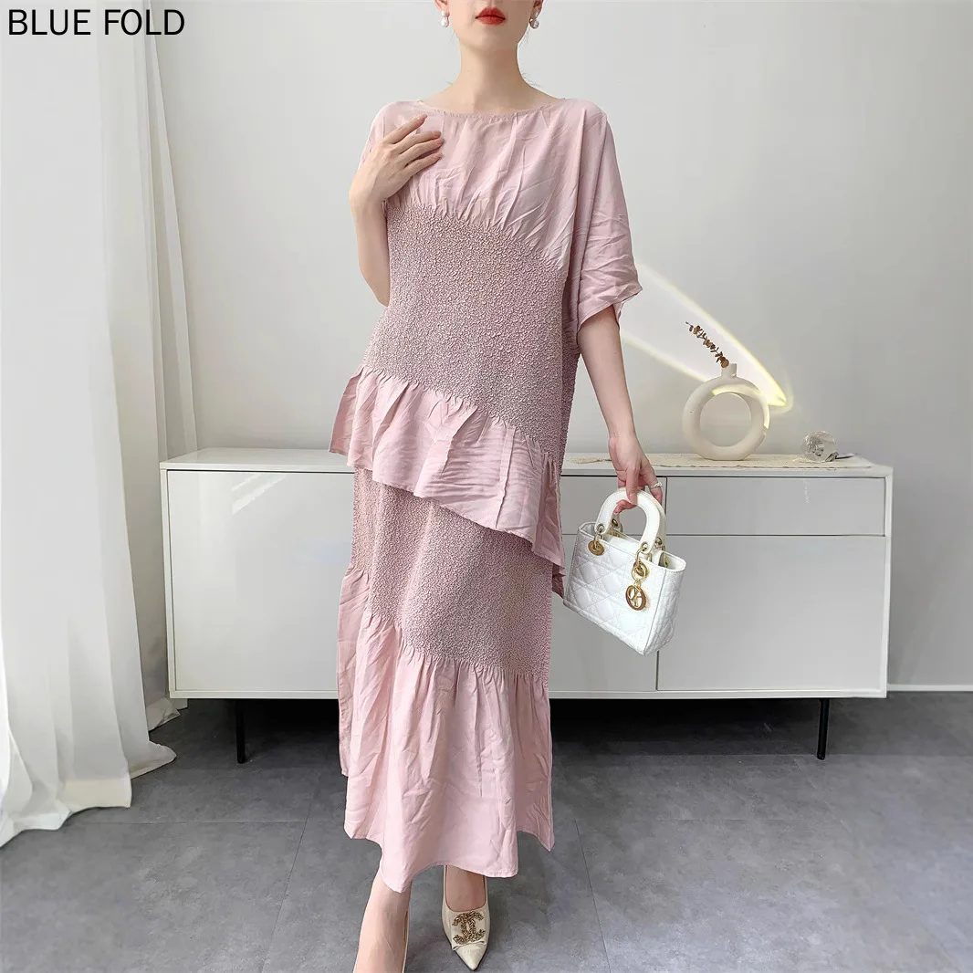 

MIYAKE Elegant Embroidered Floral Midi Skirt Two-piece Set for Women 2025 New Crumple Top Irregular Comfortable Casual Suit