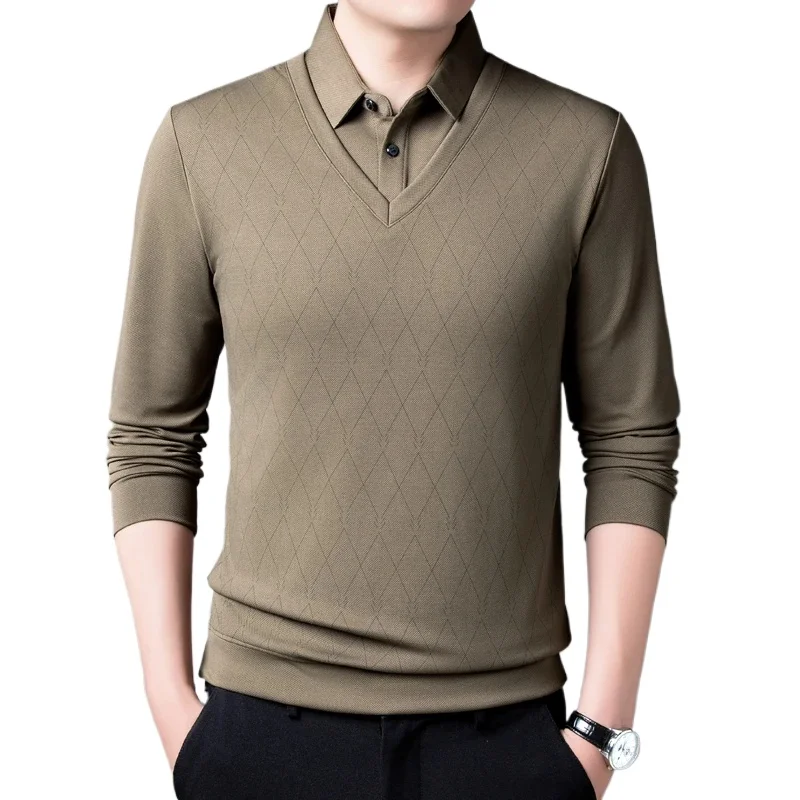 Autumn New T-Shirts Mans Turn Down Collar Plaid Print Long Sleeve Casual Midlife T-Shirts Golf Male Clothes