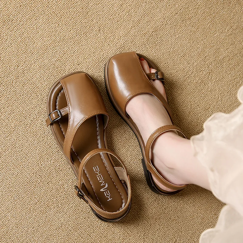 Beige Heeled Sandals Buckle Strap Comfort Shoes for Women 2025 Summer Black Flat Clear Low Fashion New Closed Girls Fretwork Cas