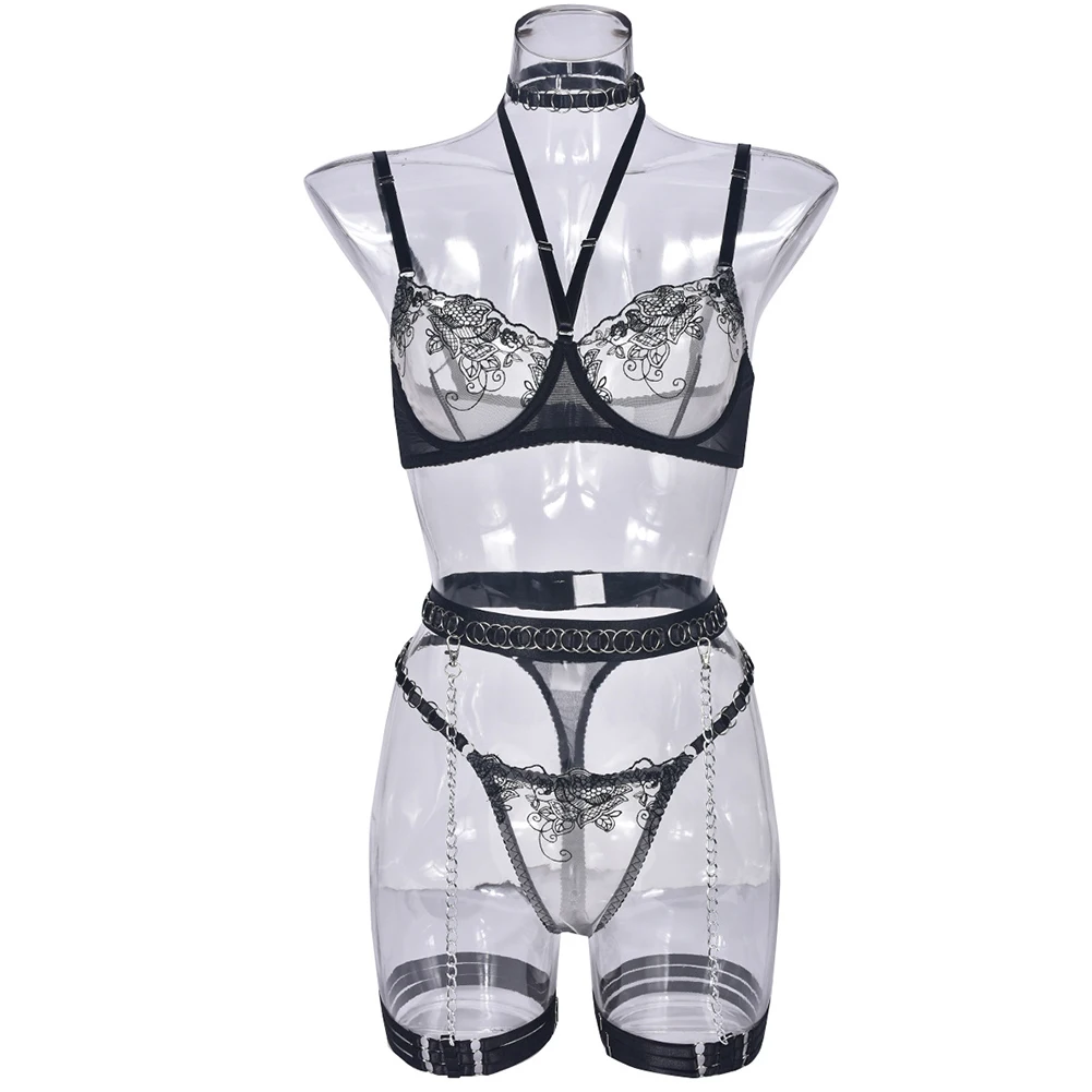 

Womens Embroidery Underwear Set Sexy Heavy Metal Work Halter Neck Ring Bra Thongs Leg Straps Thin Mesh Seductive Lingerie Suit