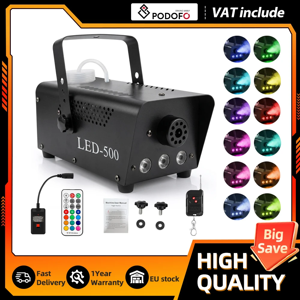 Podofo Professionelle 500W Nebelmaschine mit RGB-LED-Licht, 13 Farben, 4 Effekte, kabellose RF-Fernbedienung für Hochzeiten, Partys und Bühneneinsatz