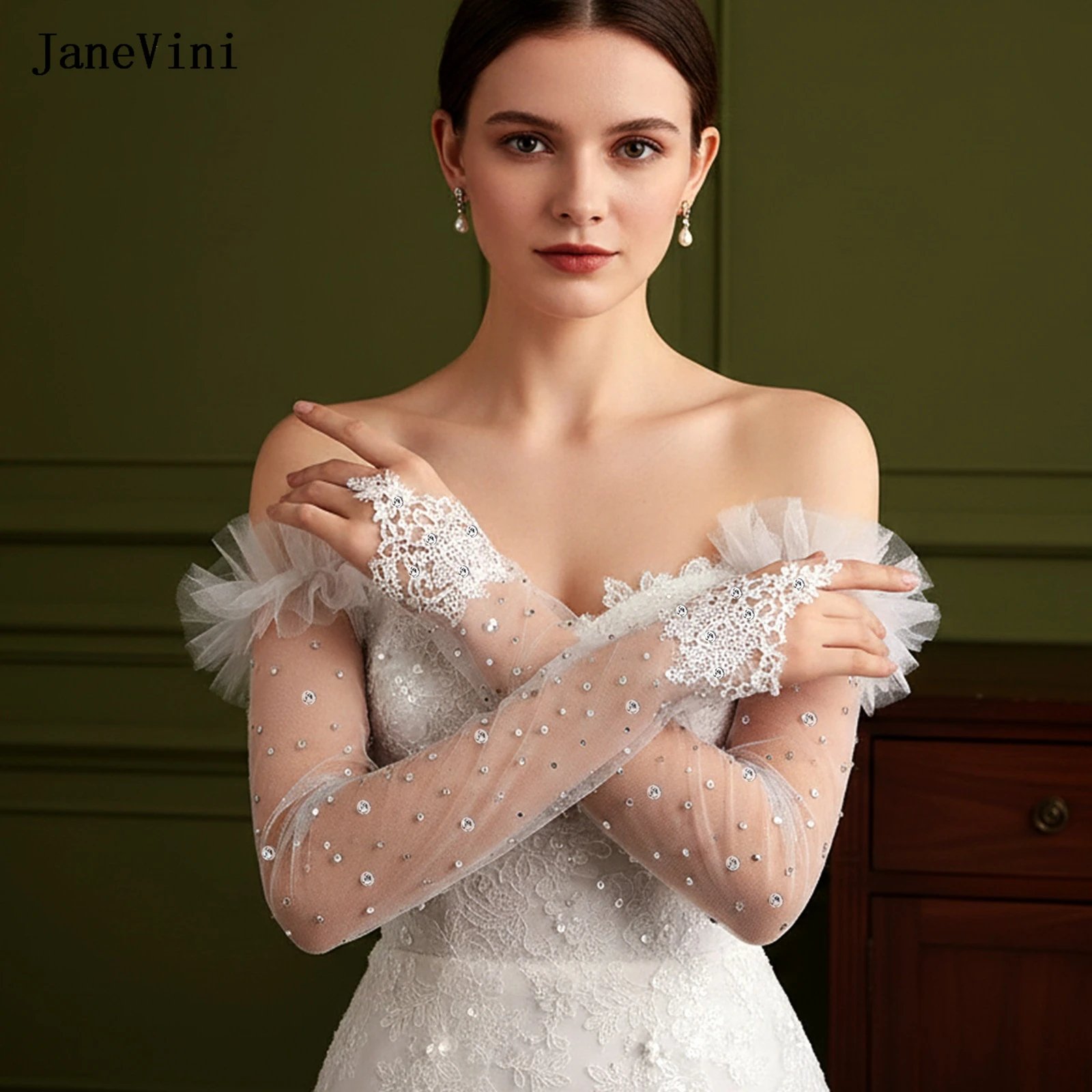 janevini-高級オフホワイトロングブライダルグローブキラキララインストーンチュール指なし花嫁手袋女性のウェディングドレスアクセサリー