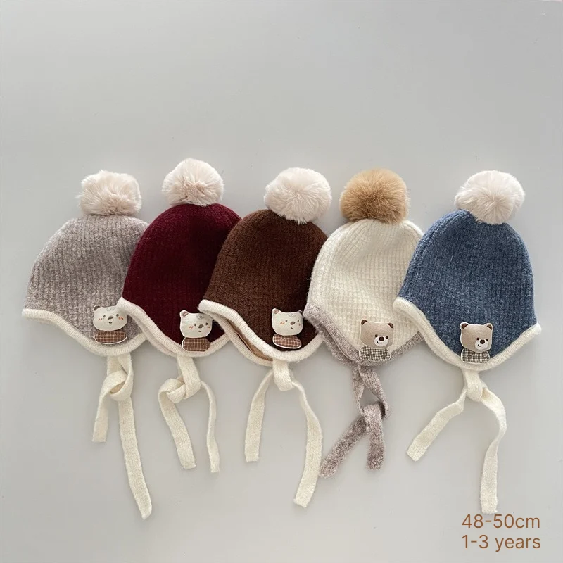 Baby Knitted Hat 48-50cm 1-3 Years Winter Fleece Lined Thick Earflap Beanie Hats Boys Kids Warmcold Proof Windproof Cap