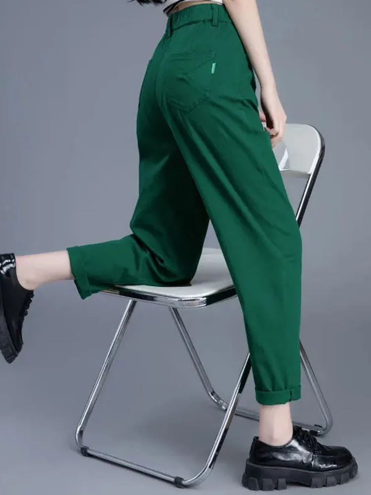 جينز حريم أخضر غير رسمي للسيدات موضة كورية سروال دينم عتيق مرن عالي الخصر لربيع وخريف طول الكاحل فضفاض Vaqueros جديد