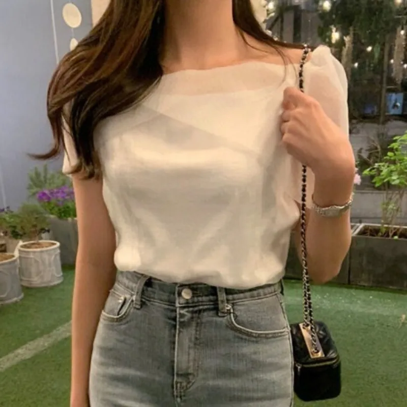 Neploe Elegant Romantic See Through Mesh T-shirts Y2k Sexy Off Shoulder Tops Women 2024 Summer New Short Sleeve Blouses