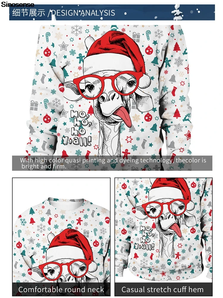 Men Women Xmas Sweatshirt Pullover New Year Eve Holiday Party Jumper Tops 3D Christmas Giraffe Print Ugly Christmas Sweater - Image 3