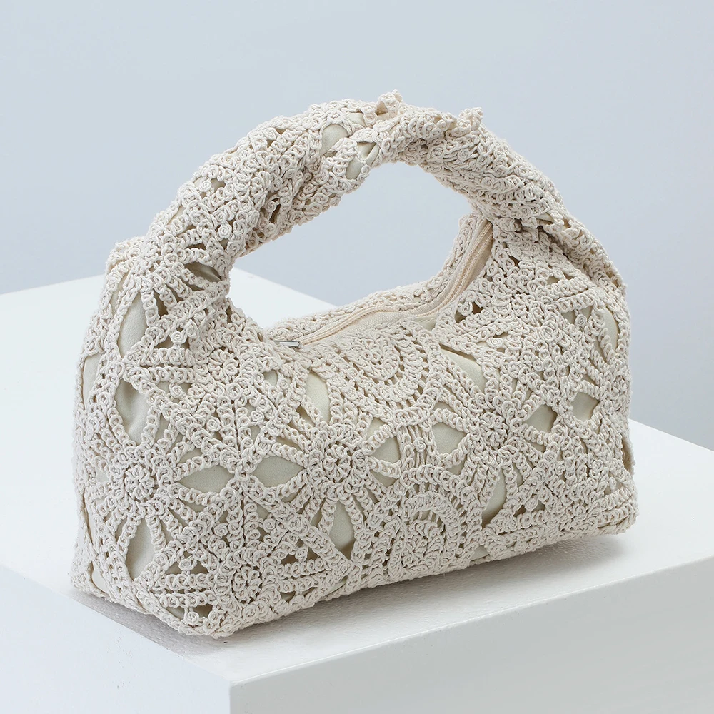 

Fashion Lace Hollow Women Handbags Rope Crochet Cloud Bags for Women Half Moon Figure Knitting Shoulder Bag Female Purses Clutch