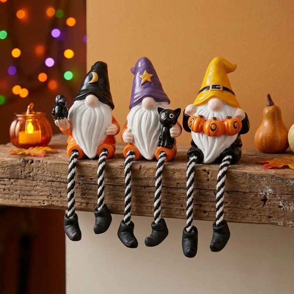 Hand-Painted Halloween Gnome Shelf Sitter Spooky Resin Dangling Leg Gnome Statue Pumpkin Striped Legs
