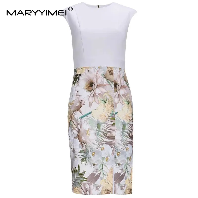 Maryyimei Modedesigner Sommer Damen kleid ärmellose Patchwork Blumen druck schlanke Paket Hüfte elegante Kleider