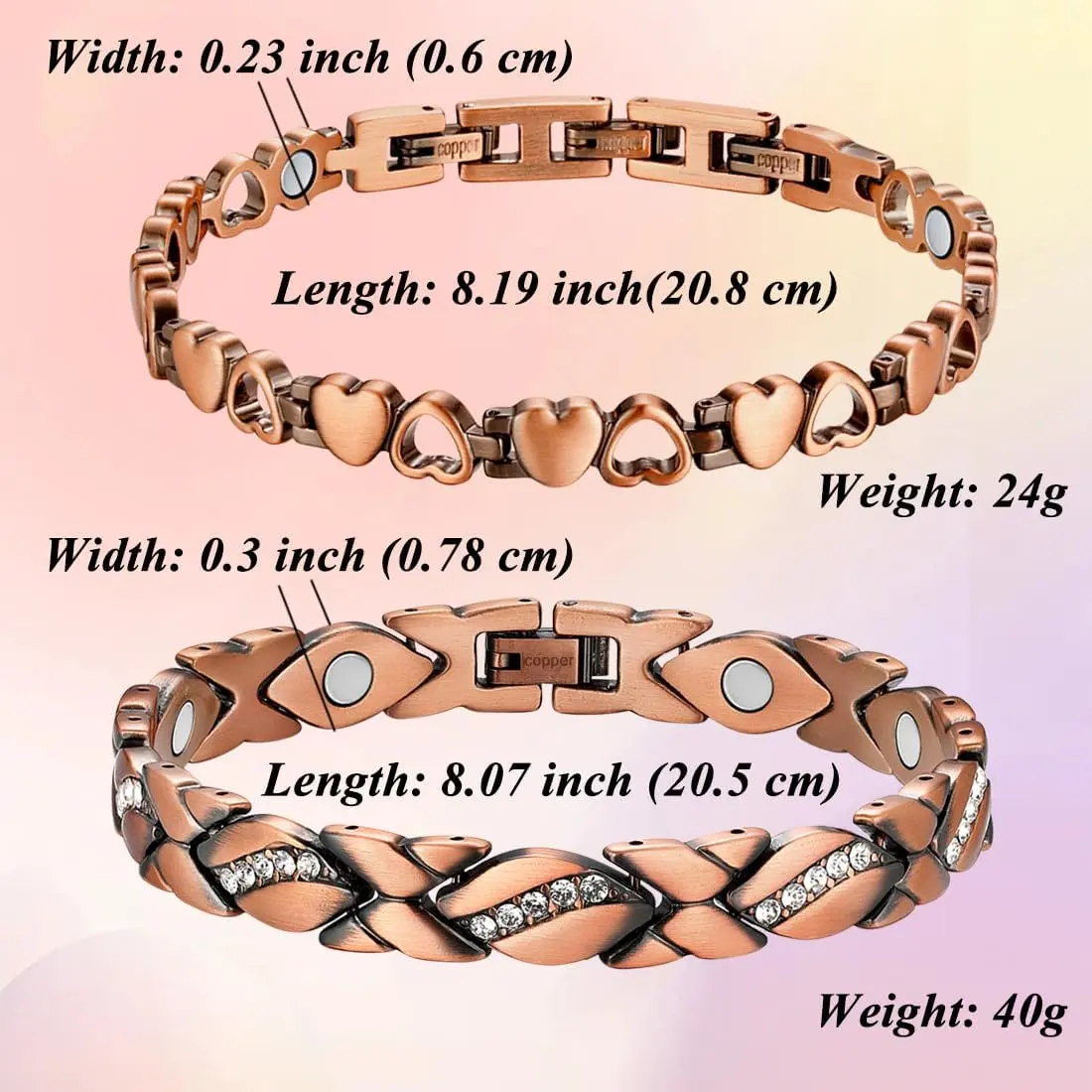 Wollet Copper Magnetic Bracelets for Women, 99.9% Pure Copper Bracelet with Magnets Jewelry Adjustable Gift