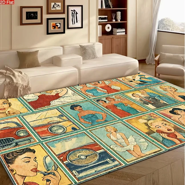 Retro Pin-up Girl Vintage Poster Collage Carpet Flooring 50s Style Square Area Rug Home Living Room Bedroom Decor Rug