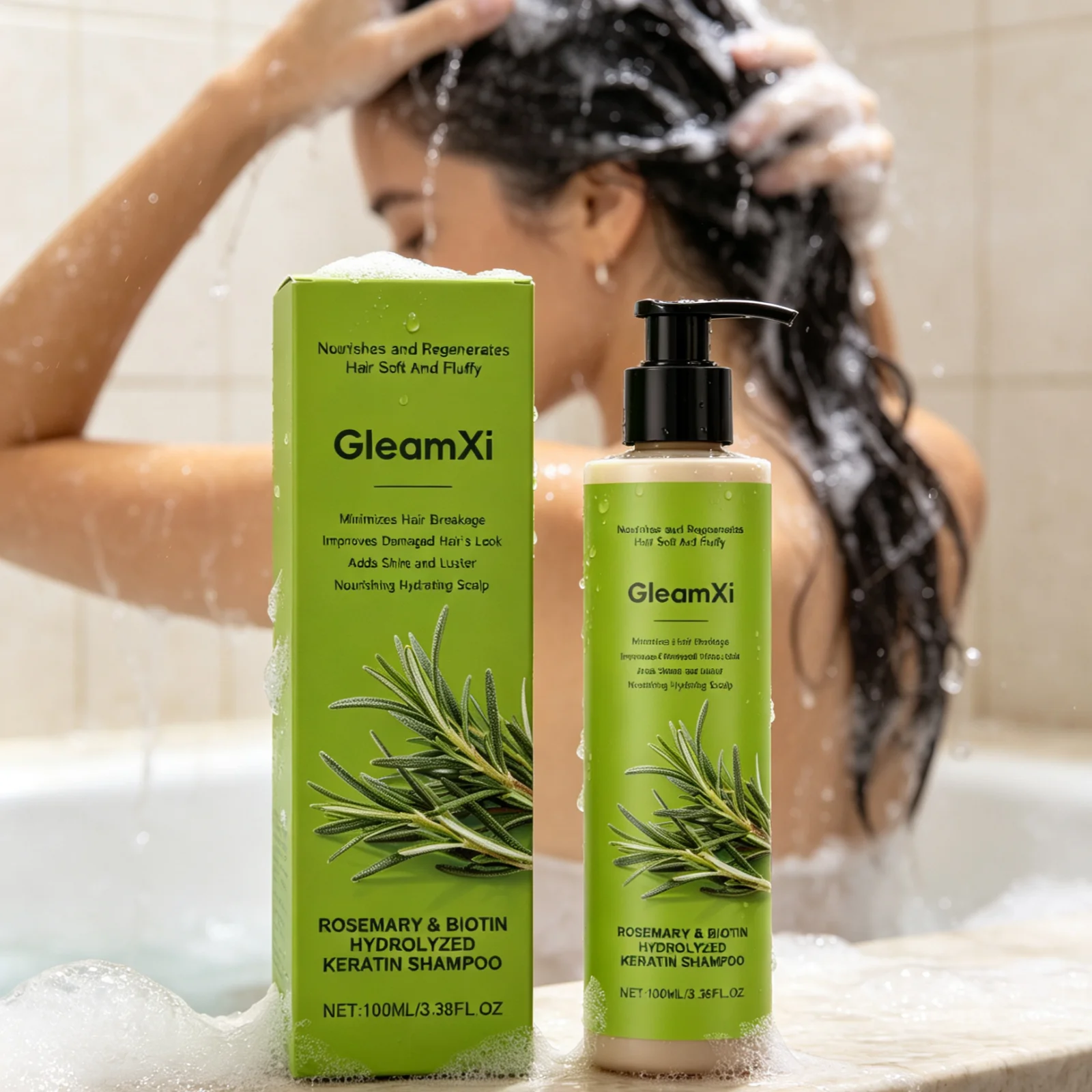 GleamXi Rosemary Shampoo Gentle Cleaning Damaged Hair Repair Deep Nourishment Relieve Dry Scalp Hydrolyzed Keratin Shampoo 100ml
