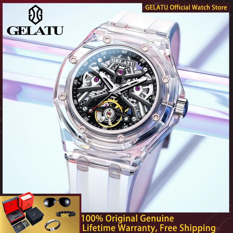 

Мужские автоматические механические часы GELATU Hollow, премиум-класса, с прозрачным безелем, силиконовым ремешком, водонепроницаемые, новые, спортивные часы 8002