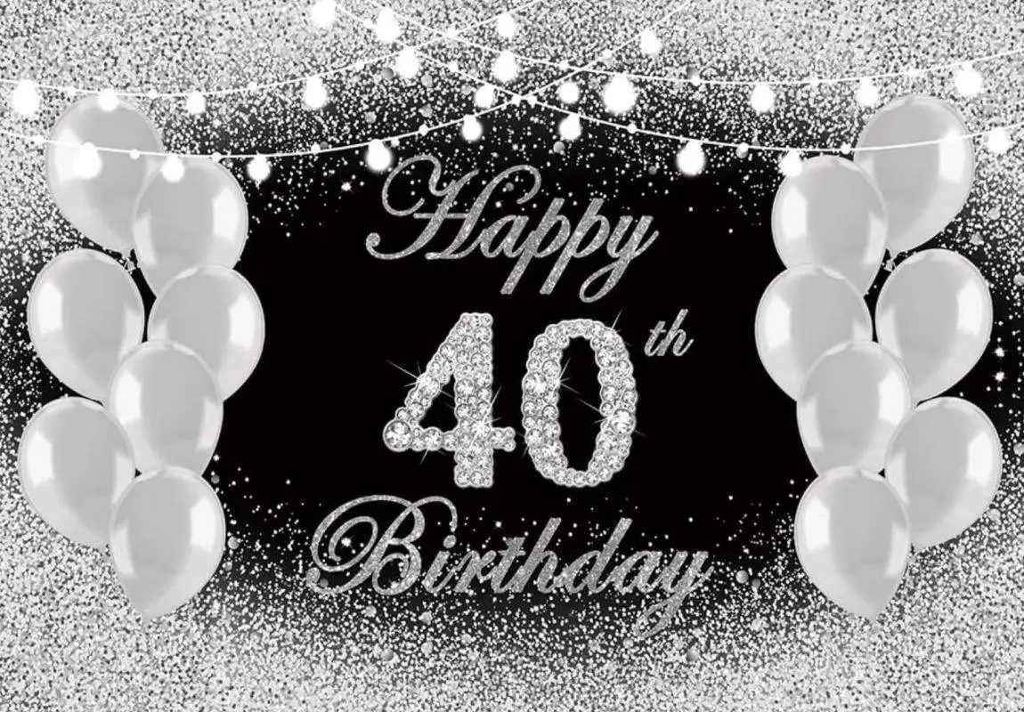 Silver Black Happy 40th Birthday Backdrop Glitter Spot Gray Balloon Woman Fortieth Party Decor Cake Table Banner Prop Supplies