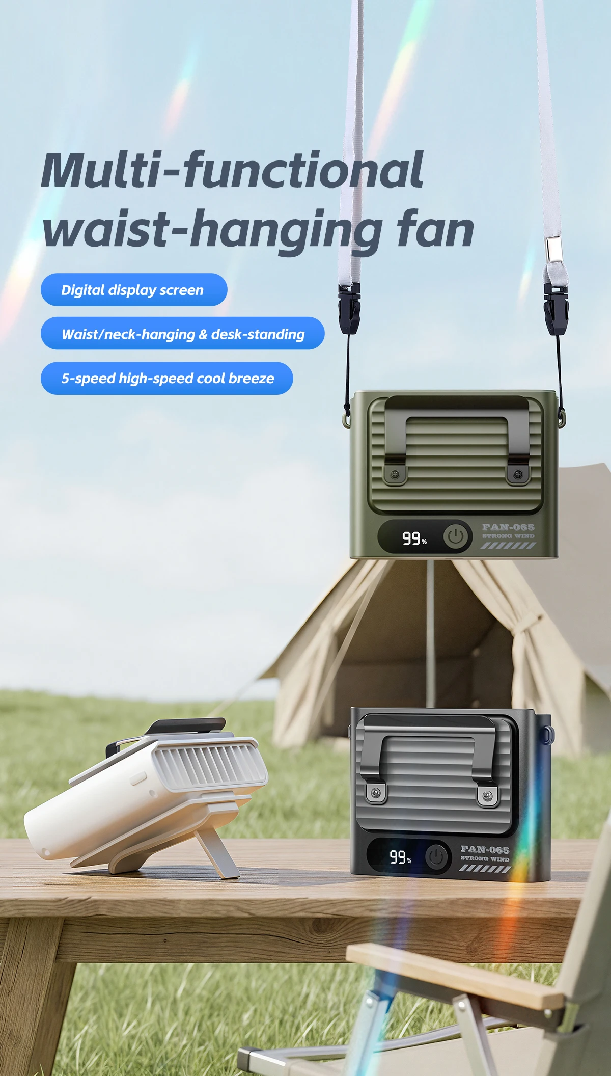 Kinscoter Ultraflacher Hüftventilator 4000mAh Mini-Kühlventilator 5 Geschwindigkeiten Tragbarer Aufladbarer Ventilator für Draußen mit Digitalanzeige – Detail 2