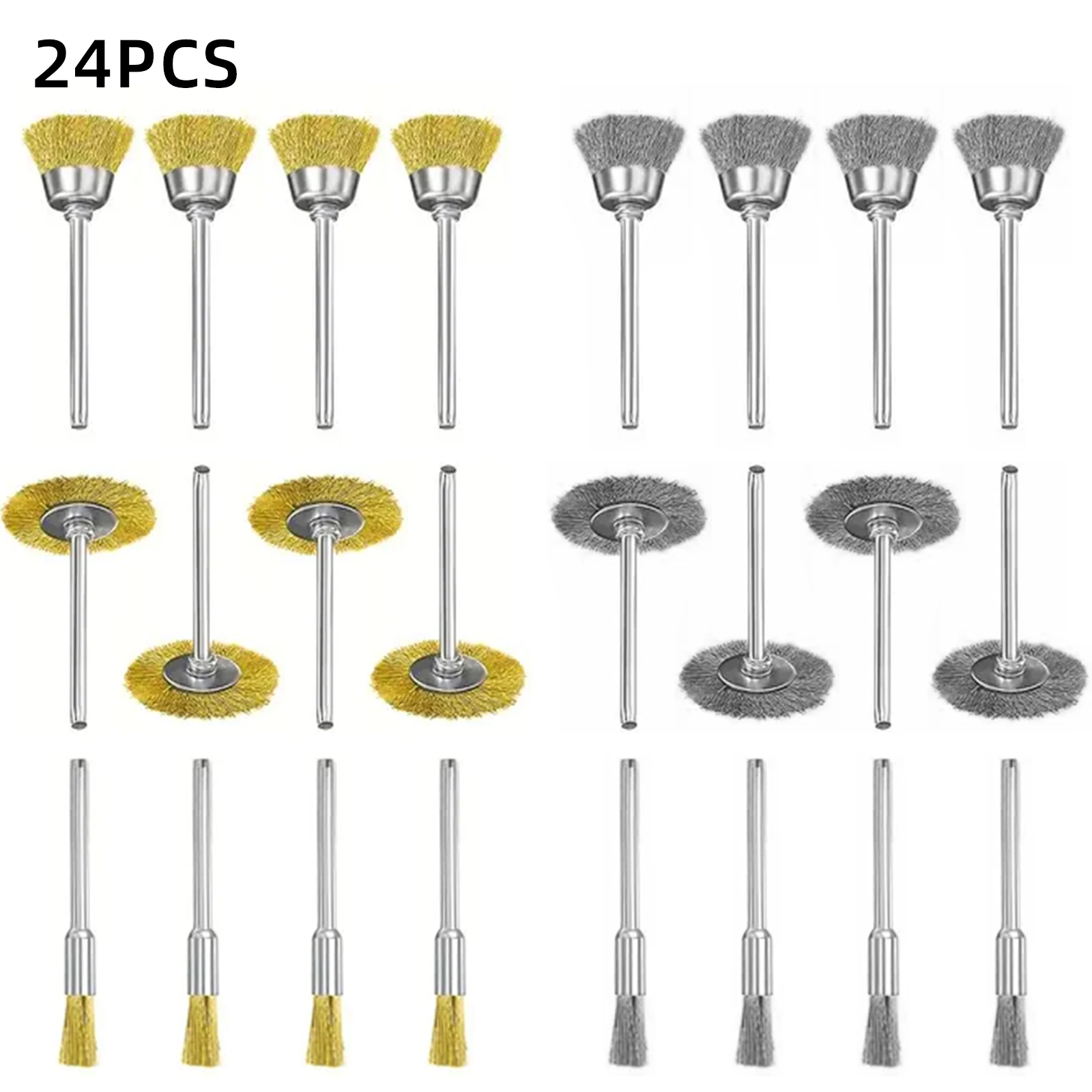 24PCS Wire Brush Wheel Set Steel Brass Brushes for Dremel Rotary Tool Rust Removal Polishing Cleaning Metal