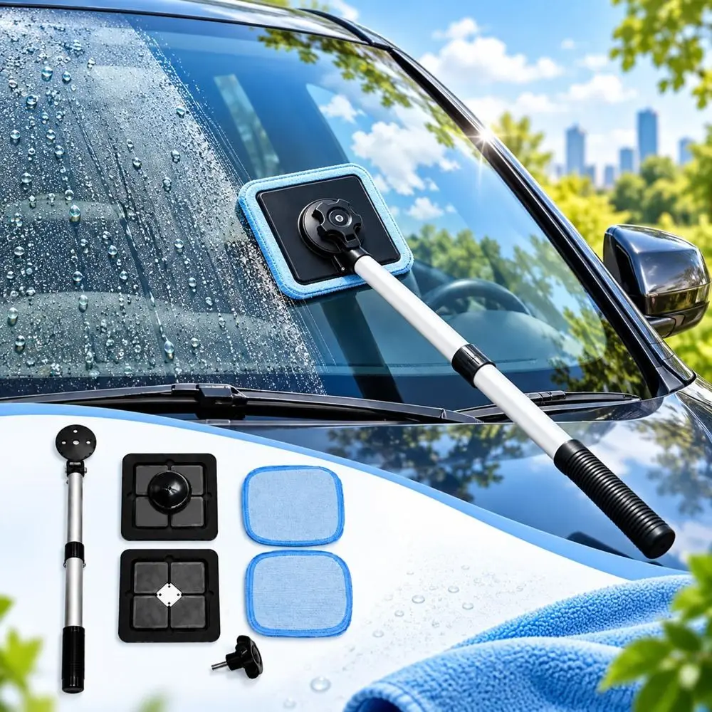 Extendable Handle Windshield Cleaner Magnetic Lock Glass Cleaning Kit Car Window Cleaning Tool Detachable Pads Streak-Free