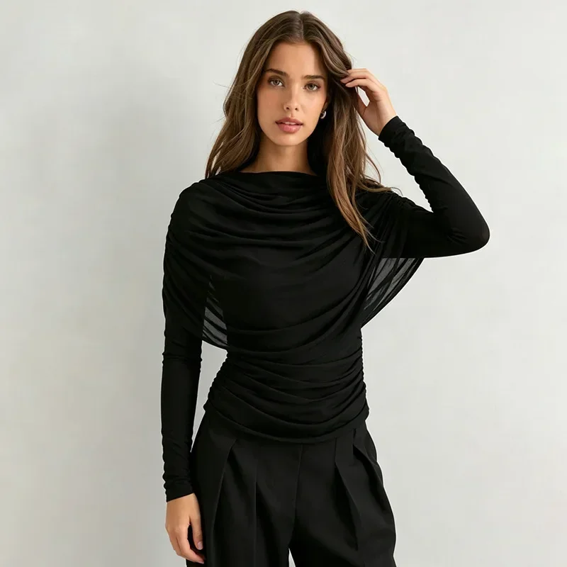 2026 Frühling Sommer Damen Langarm-T-Shirt mit drapiertem Kragen, plissiertem Schal, schmal geschnitten, Stretch-Oberteil, elegant, lässig, Alltagskleidung – Detail 8