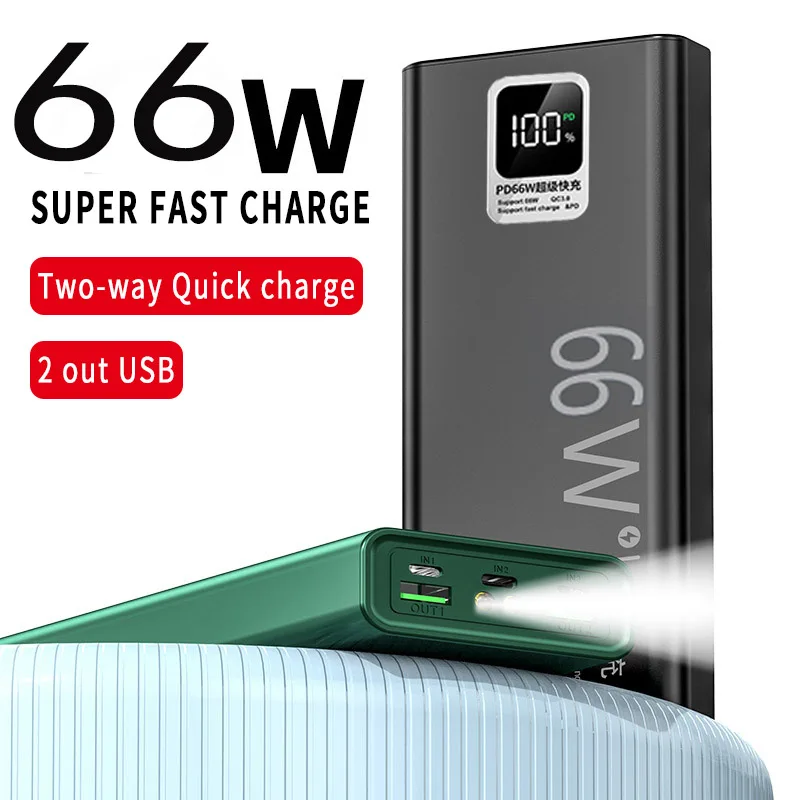 

30000mah Power Bank Charger 66W Super Fast Portable Charging External Battery Flashlight 2USB Poverbank for iPhone 14 13 Xiaomi