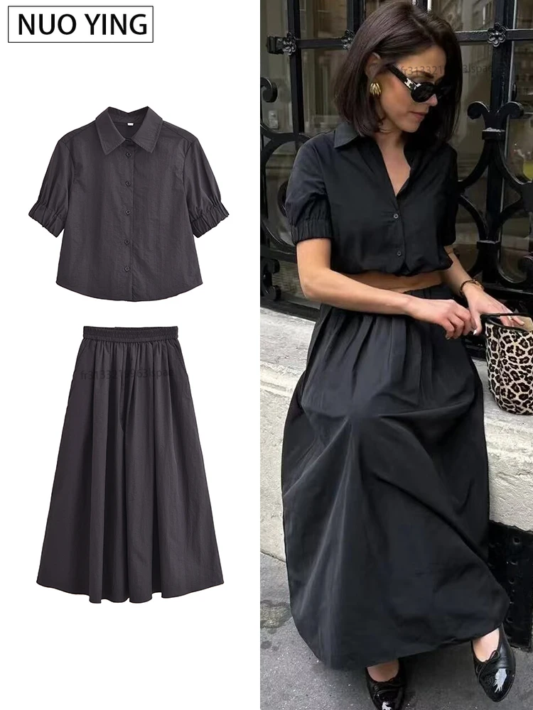 Women VintageTwo Piece Skirt Set 2024 New Summer Short Sleeve Shirts Long Skirt Set Casual Matching Suit Outfits