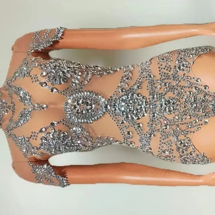 

Gymnastics Steel Tube Latin Dance Nightclub Bar Performance Costume Dancing Heavy Industry Hot Diamond Tight Sexy Mesh Jumpsuit