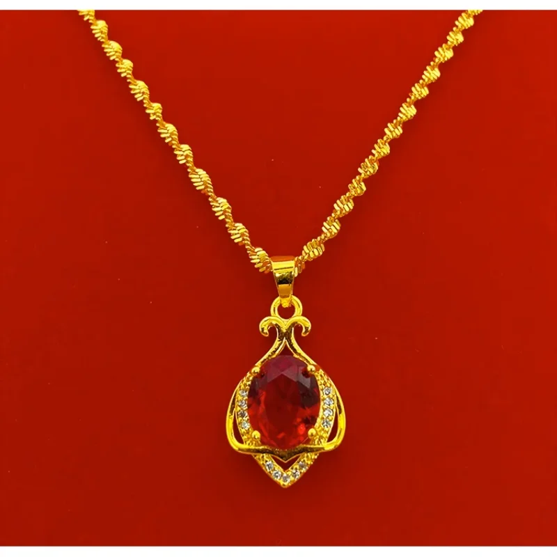 ANGLANG Authentic Vietnam Sand 18K Gold Necklace Women's 24K Gold Color Flower Ruby Pendant Gold 999 Collarbone Gold Plated Jewe