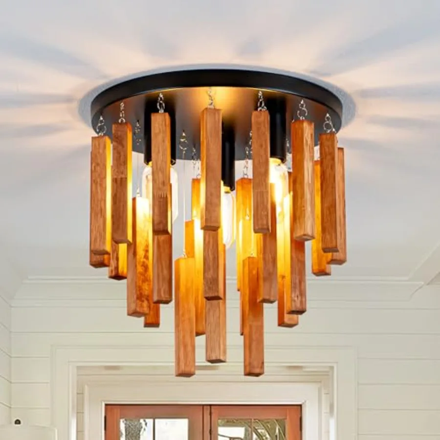 Farmhouse Light Fixture, 3-Light Wood Ceiling Light, Rustic Light Fixture with Wood and Black Metal Finish, Farmhouse Semi Flus view 3