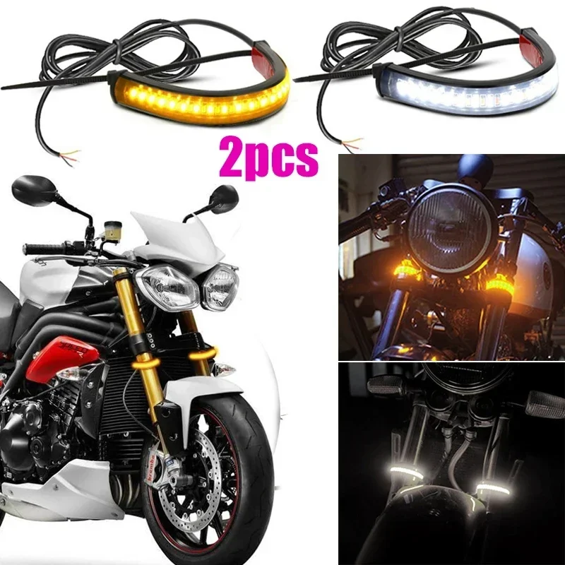 

2Pcs Motorcycle Turn Signal Lights LED Strips DRL Amber White Moto Flasher LED Ring Fork Strip Lamp Flashing Blinker Running 12V