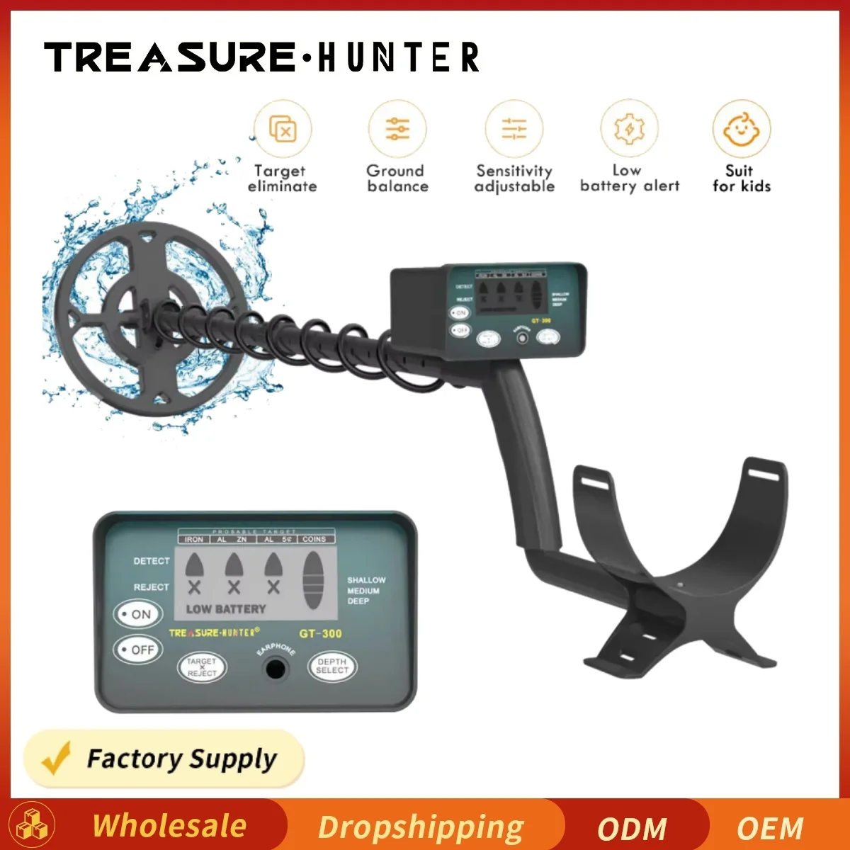 Treasure Hunter GT300 Metal Detector Professional High Sensitive Underground Pinpointing Adjustable Tracker Waterproof IP68