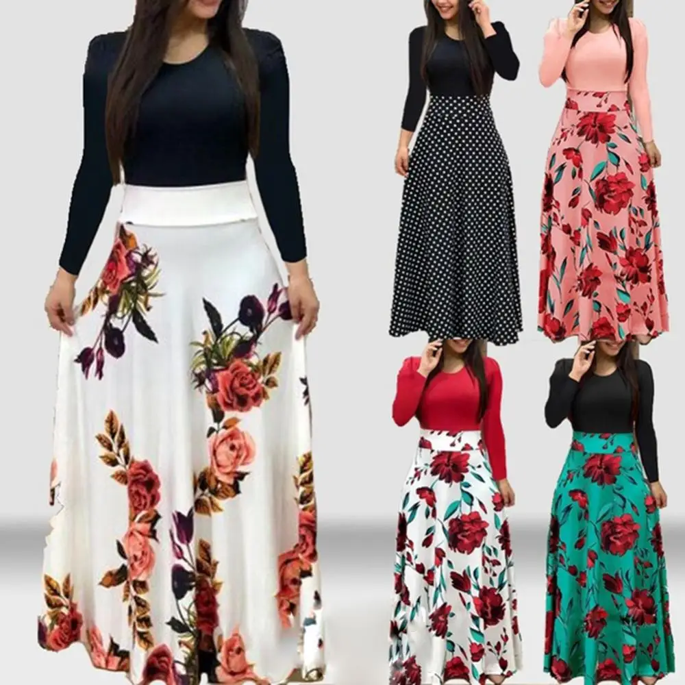 Flower Print Long Sleeve High Waist Women Maxi Dress 2024 European And American Women Large Swing Dress Beach Dresses Sundress