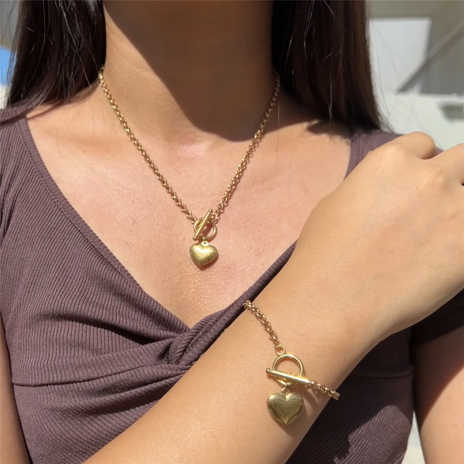 MinaMaMa Stainless Steel Puffy Heart Jewelry Sets For Women Stainless Round Link Chain Heart Toggle Bracelet Necklaces Sets