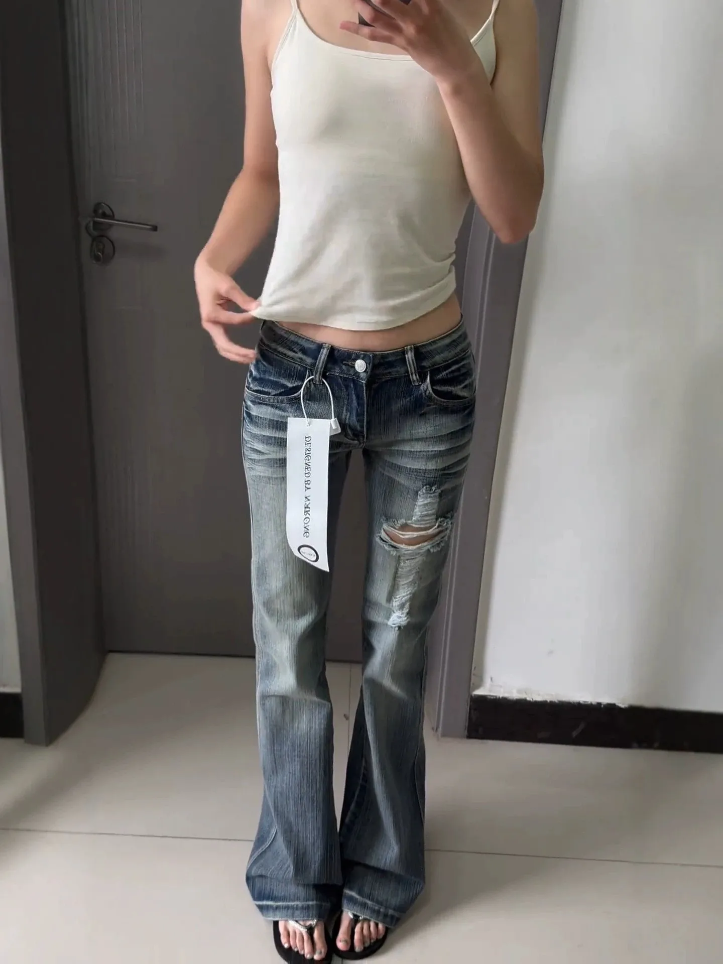 Low Waist Bell Bottom Denim Jeans Women's Ripped American Retro Cross Design Slimming Micro Flared Pants plus Size