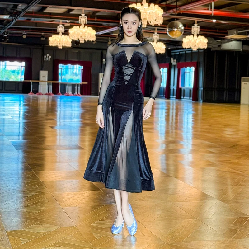 Nuevo vestido de baile de salón para mujer, vestidos sexis de terciopelo con espalda descubierta y manga larga, ropa de actuación de danza moderna para graduación y vals para adultos XH1851