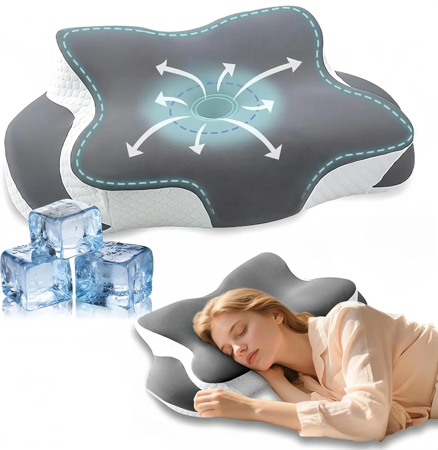 

Охлаждающая подушка для шеи из пены с эффектом памяти для поддержки шеи, эргономичные контурные подушки для сна на спине и живота (серый)
