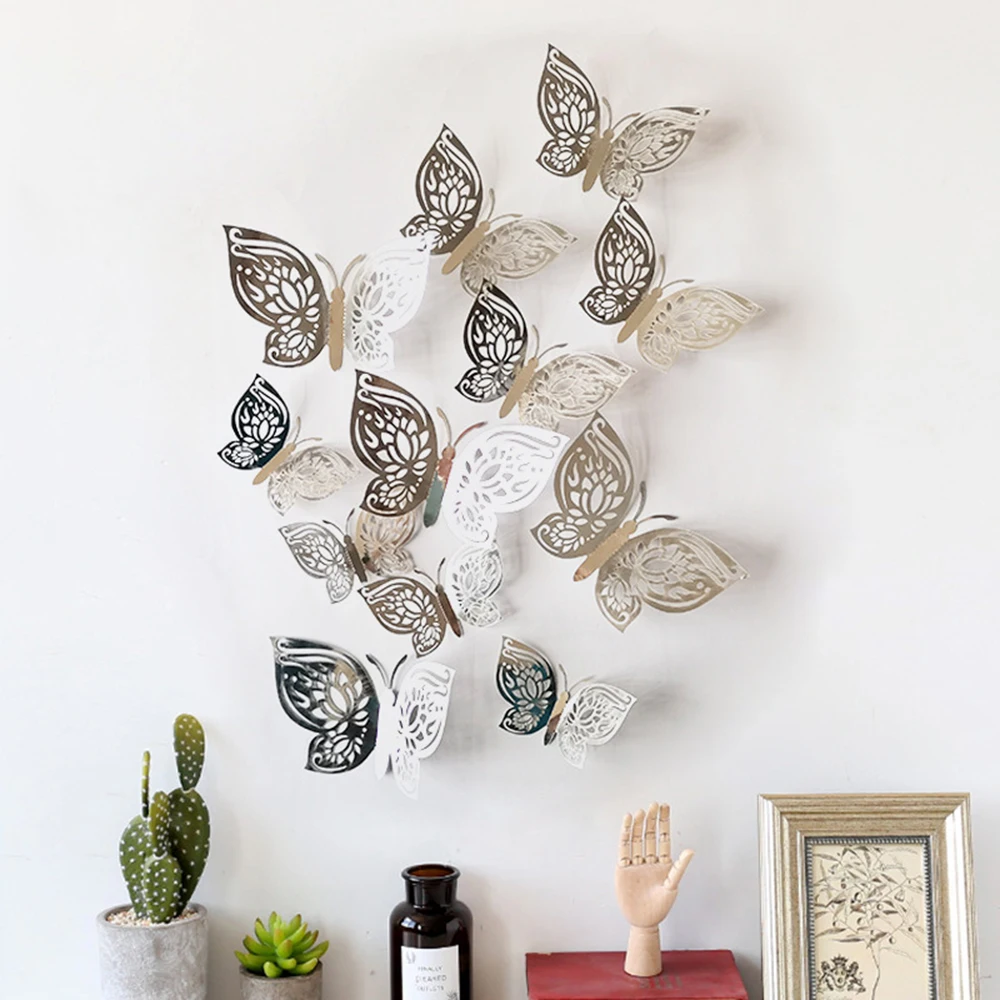 3D Metallic Fake Butterfly Decals Home Wall Stickers Birthday Christmas Decorations Decor Gold/Silver/Rose Gold
