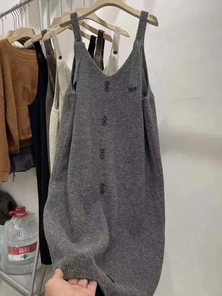 

Pure Color Knitted Midi Dr Svel Women's Dr Loose Fit Autumn Winter Layering Outerwear Sle Commute Faion Korea...