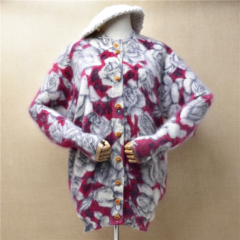 

Ladies Women Spring Autumn Clothing Flower Printing Angora Rabbit Hair Knitted Long Batwing Sleeves Loose Cardigans Sweater Coat