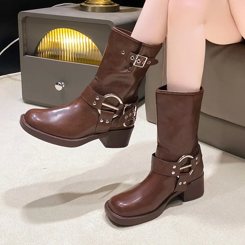Winter shoes for Women Biker Boots Fashion Belt Buckle Ladies Elegant Platform Flats Short Booties Casual Women\'s Knight Booties