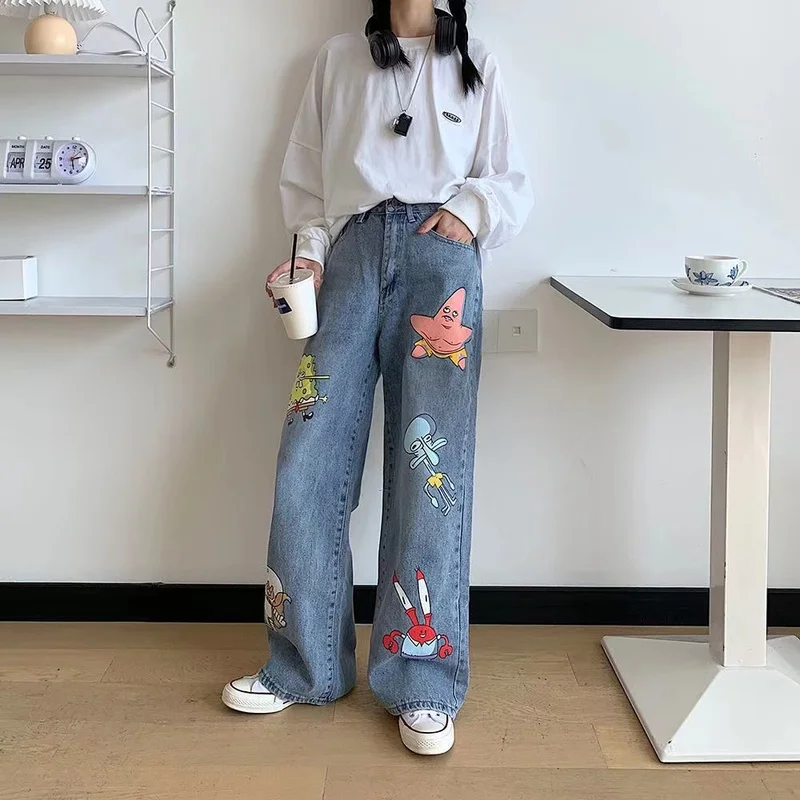 Men and Women Straight Loose Autumn Korean Style Cartoon Printed Jeans Pants Street Hip-hop Handsome Nine-point Pants Fashion