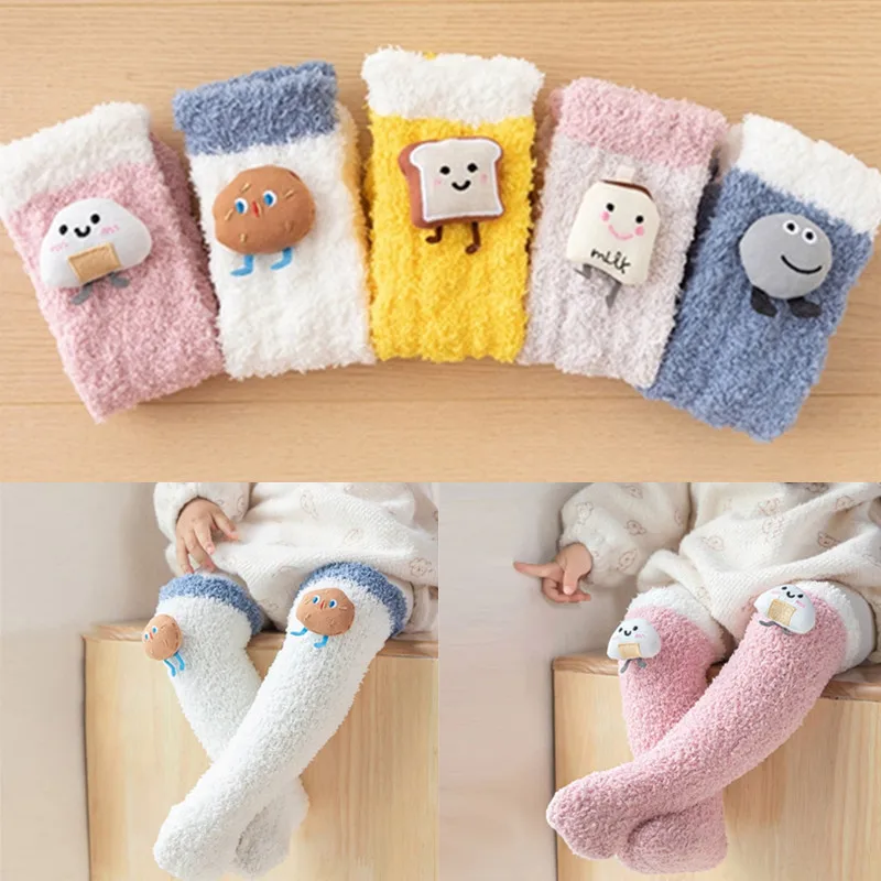 1 paio di corallo peluche scaldamuscoli per bambini inverno addensare caldo per i più piccoli calzini alti al ginocchio per bambini cartone animato neonate ragazze calze calze