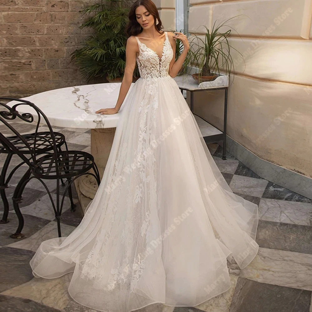 

Luxurious Exquisite Women Wedding Dresses Lace Appliques A-Line Bridal Gowns Sexy V-Neck Sleeveless Robes De Mariée Customized