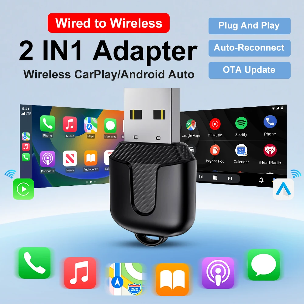 MINI CarPlay Android Auto Adapter Wired To Wireless 5GHz WiFi5.0,USB/type-c Plug and Play, for Original Wired CarPlay/Auto Cars