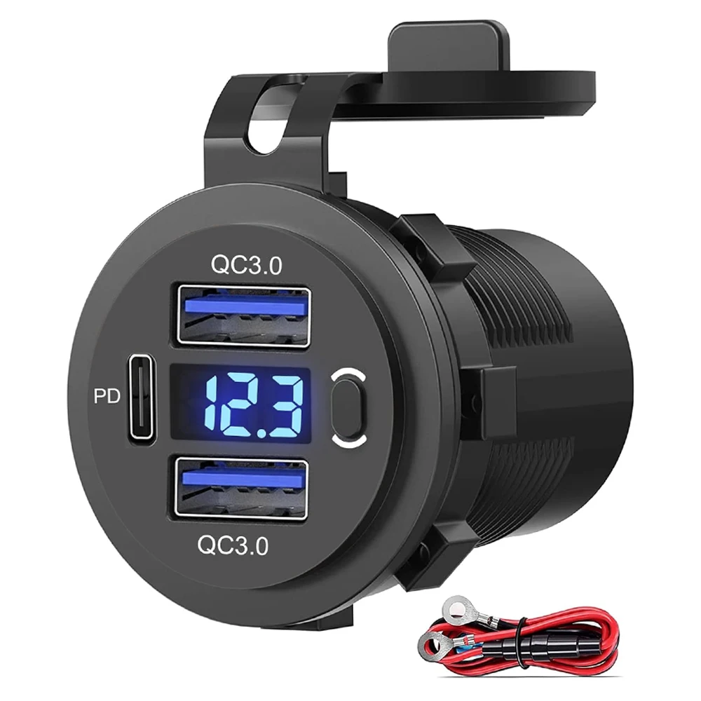 12V USB Outlet Dual 18W  QC3.0 & 30W PD Charger Socket with Voltmeter & Switch Waterproof Multiple USB Port for Car Marine Truck