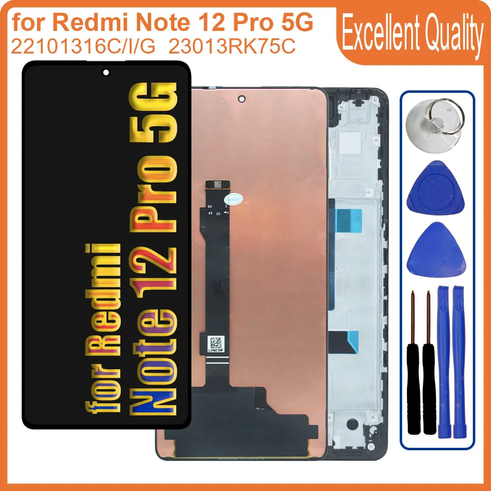 New Tested AMOLED LCD for Xiaomi Redmi Note 12 Pro 5G 22101316G LCD Display Touch Screen for Redmi Note 12 Pro 5G LCD With Frame