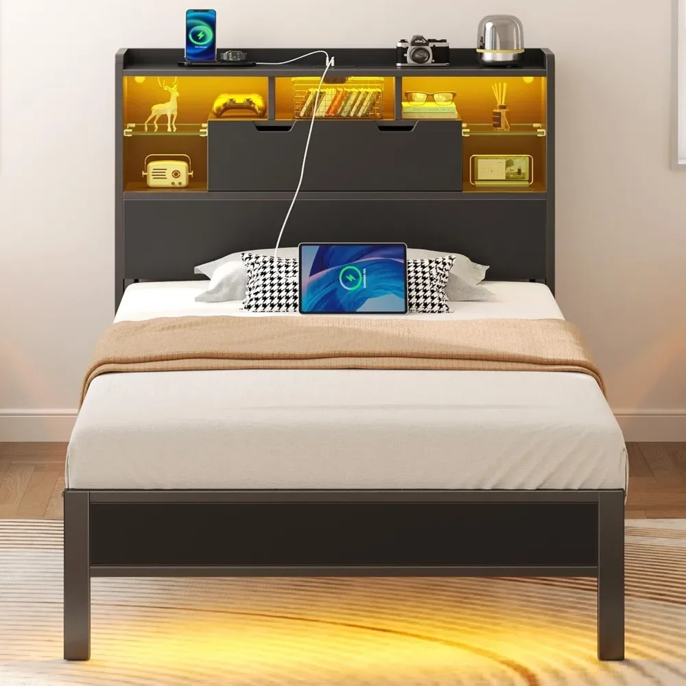 

Bed Frame with Headboard, LED Bed with Bookcase Storage and Charging Station, Metal Platform Bed with Glass Shelves,